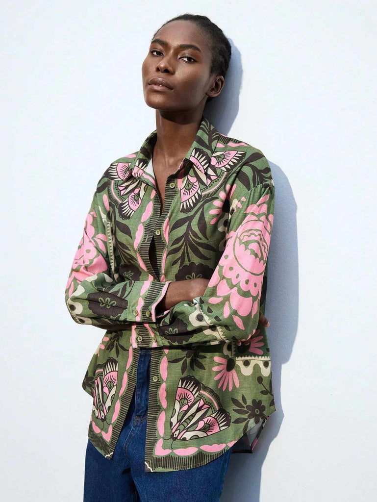 Women's Green & Pink Floral Print Long Sleeve Shirt 