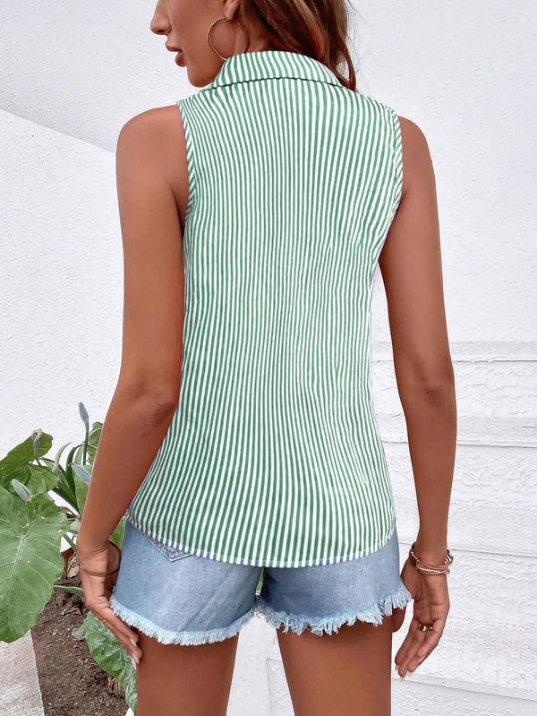 Women's Green & White Striped Sleeveless Shirt  
