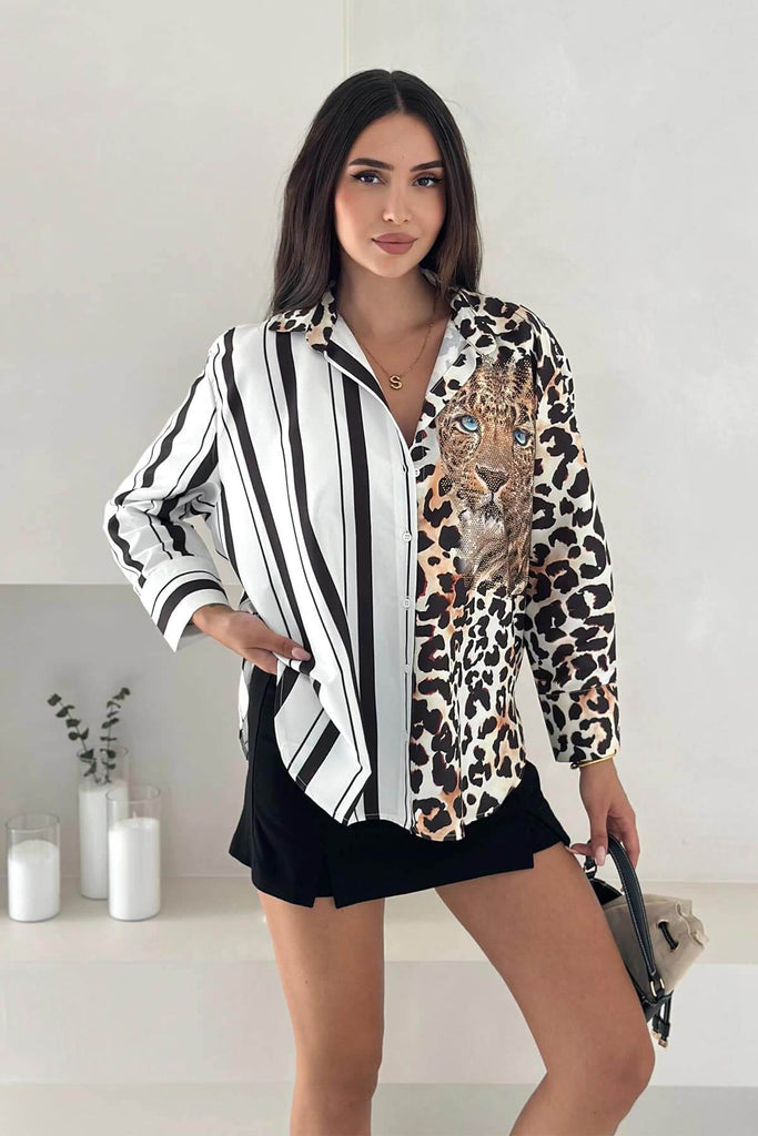 Women's Leopard Graphic Mixed Print Long Sleeve Shirt 