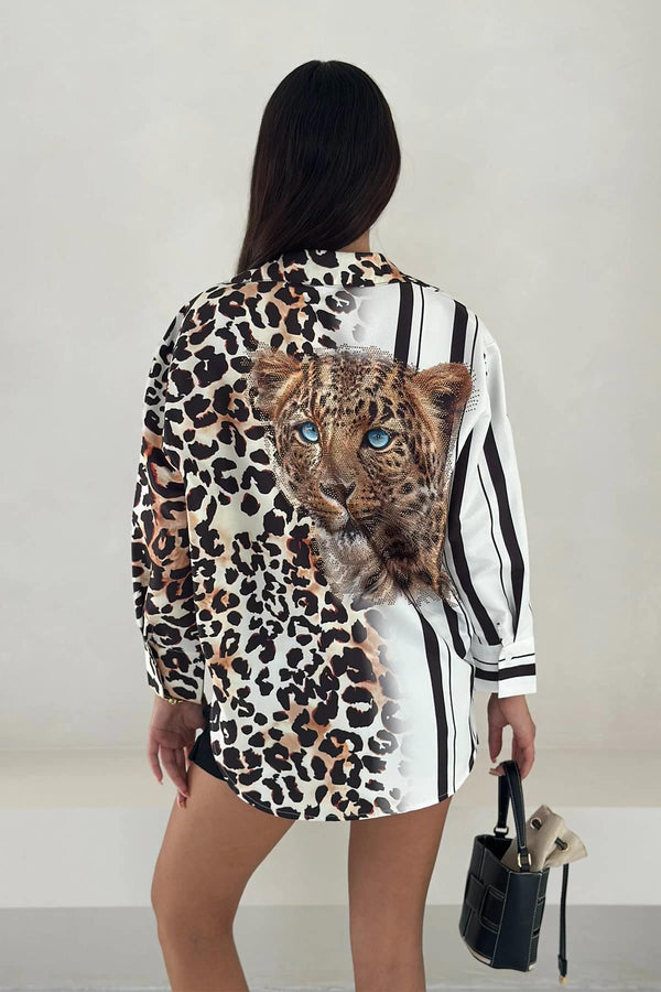 Women's Leopard Graphic Mixed Print Long Sleeve Shirt 