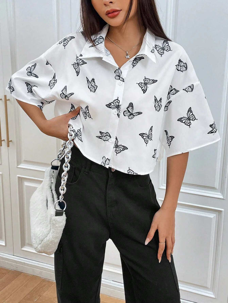 Women's Monochrome Butterfly Print Crop Shirt 