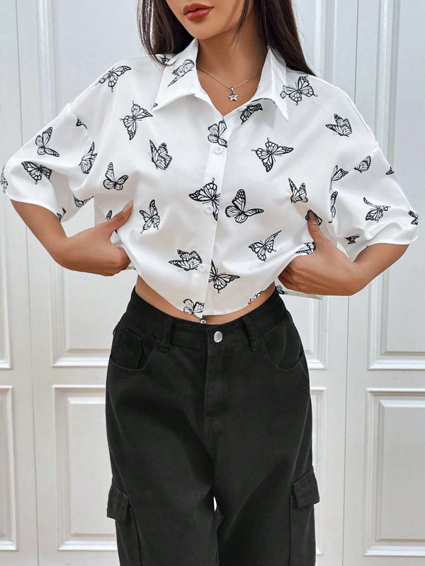 Women's Monochrome Butterfly Print Crop Shirt 