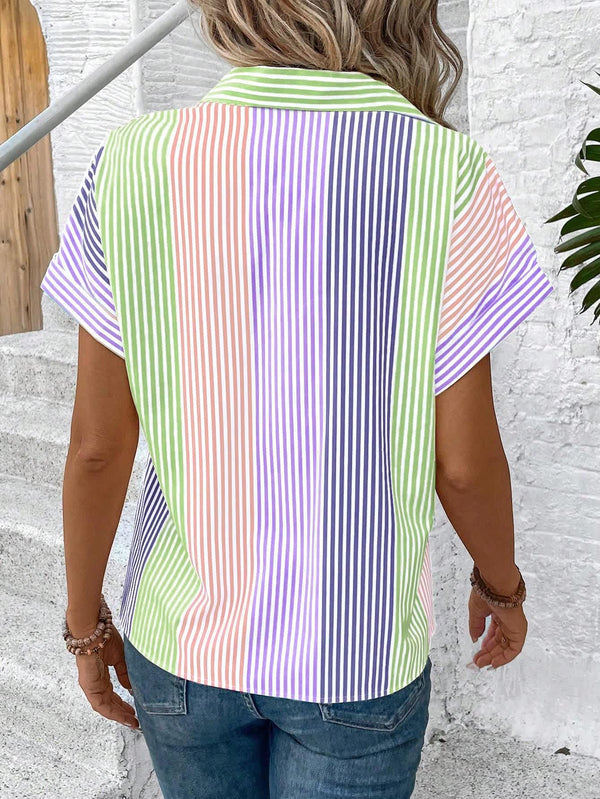 Women's Multi Color Striped Short Sleeve Shirt 