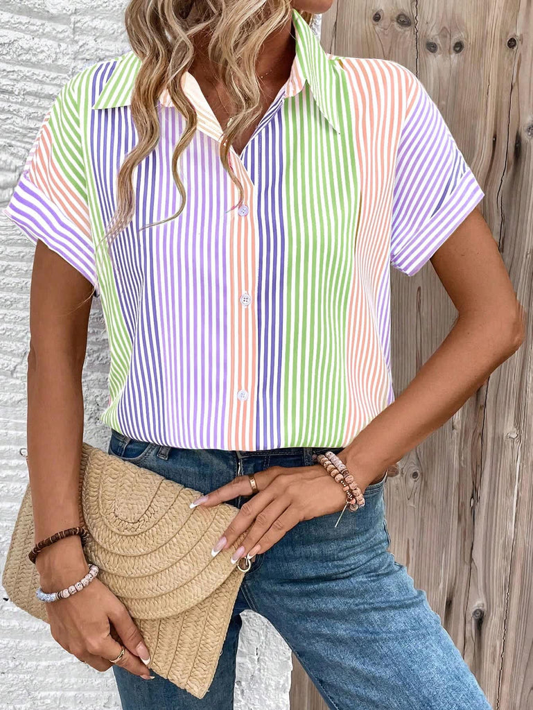 Women's Multi Color Striped Short Sleeve Shirt 