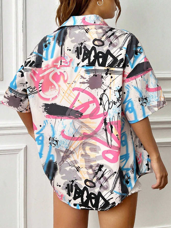 Women's Multicolor Graffiti Print Shirt 