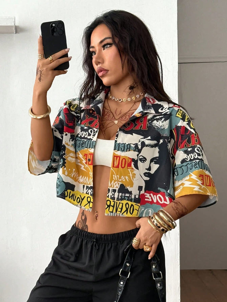 Women's Multicolor Pop Art Graphic Crop Shirt 