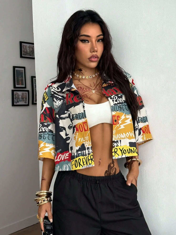 Women's Multicolor Pop Art Graphic Crop Shirt 