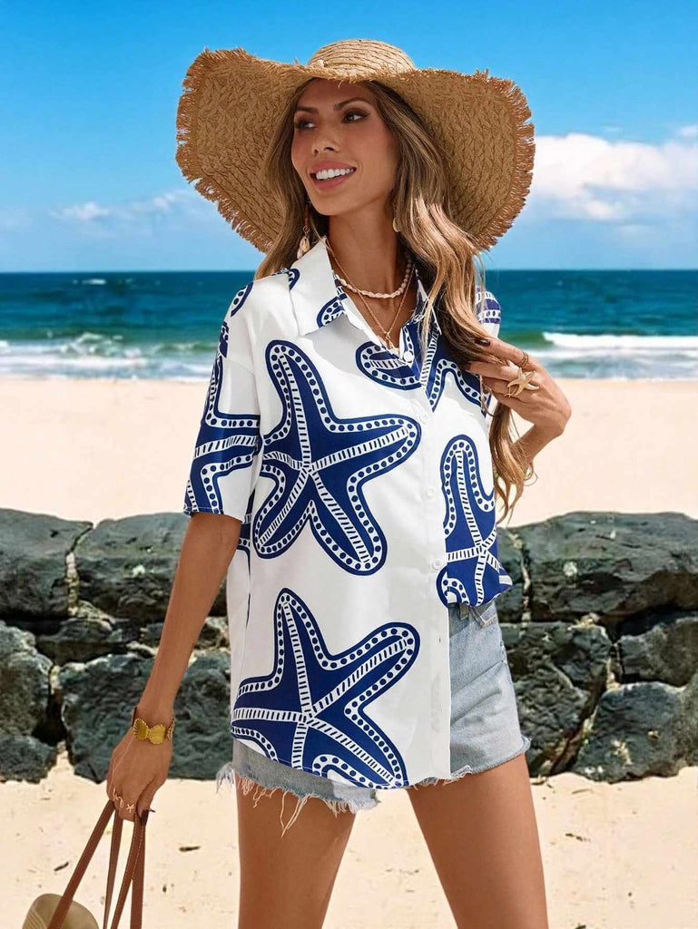 Women's Ocean Creature Print Short Sleeve Shirt 