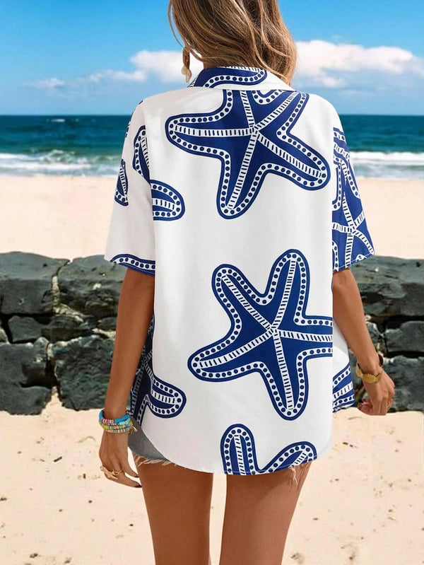 Women's Ocean Creature Print Short Sleeve Shirt 