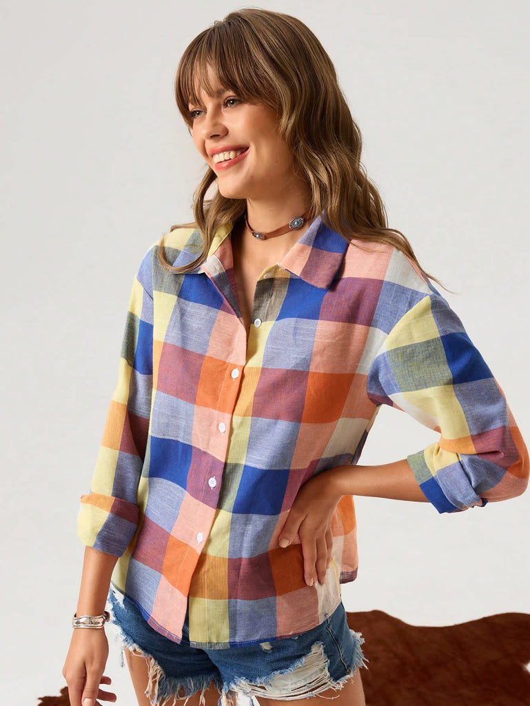 Women's Pastel Multi Plaid Long Sleeve Shirt 