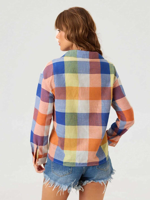 Women's Pastel Multi Plaid Long Sleeve Shirt 
