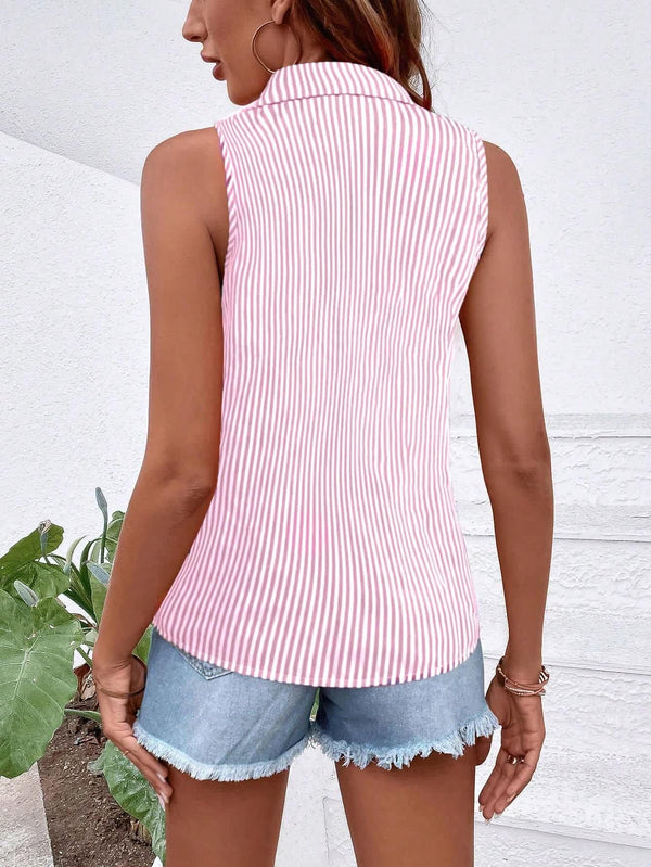Women's Pink & White Vertical Striped Sleeveless Shirt 
