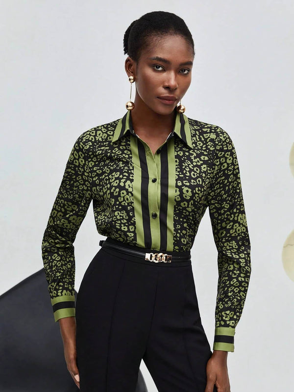 Women's Premium Olive Green Leopard Long Sleeve Shirt 