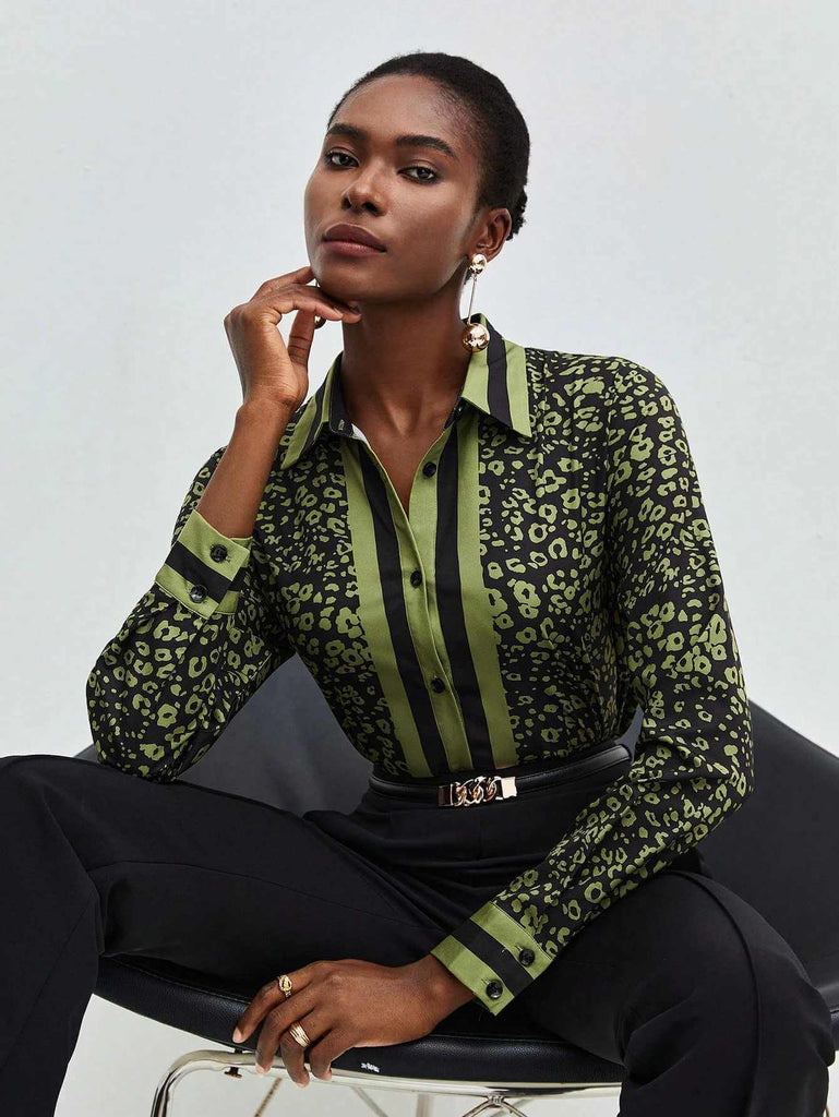 Women's Premium Olive Green Leopard Long Sleeve Shirt 