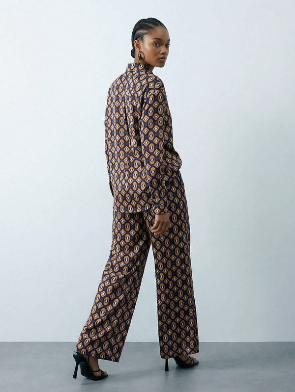 Women's Retro Geometric Print Long Sleeve Shirt 