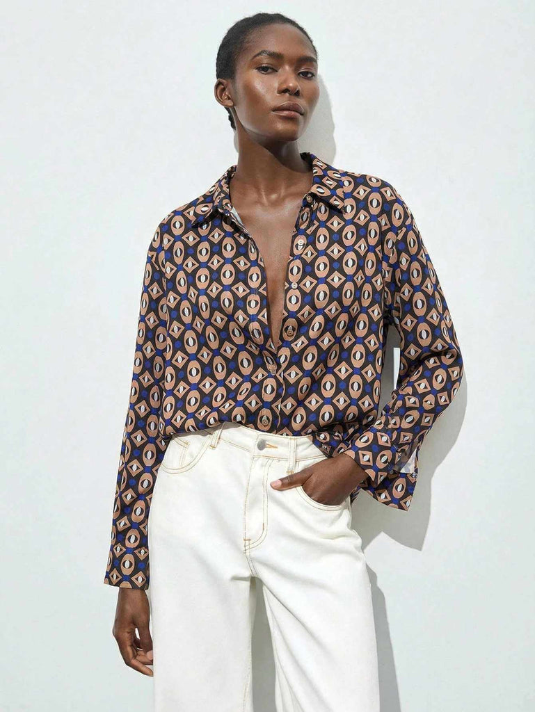 Women's Retro Geometric Print Long Sleeve Shirt 