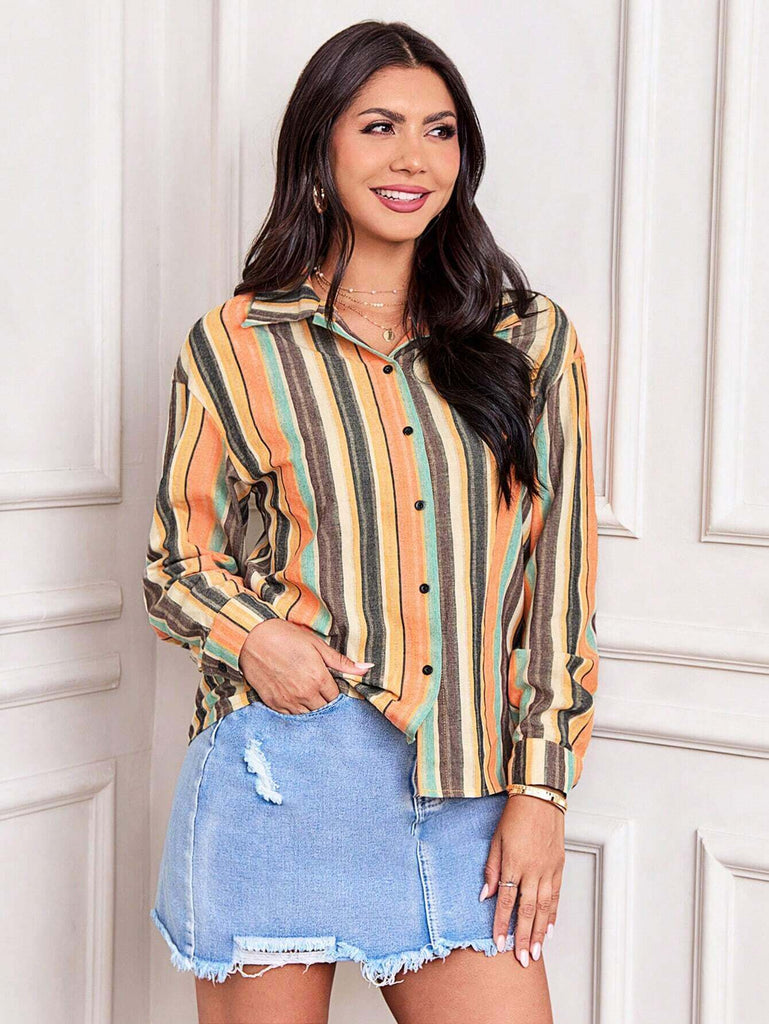 Women's Retro Multicolor Stripe Long Sleeve Shirt 