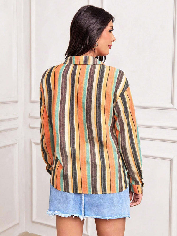 Women's Retro Multicolor Stripe Long Sleeve Shirt 