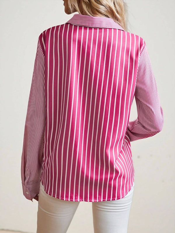 Women's Rose Pink Mixed Stripe Long Sleeve Shirt 