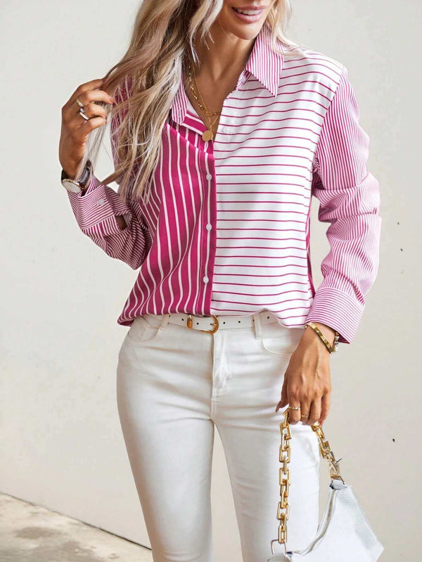 Women's Rose Pink Mixed Stripe Long Sleeve Shirt 