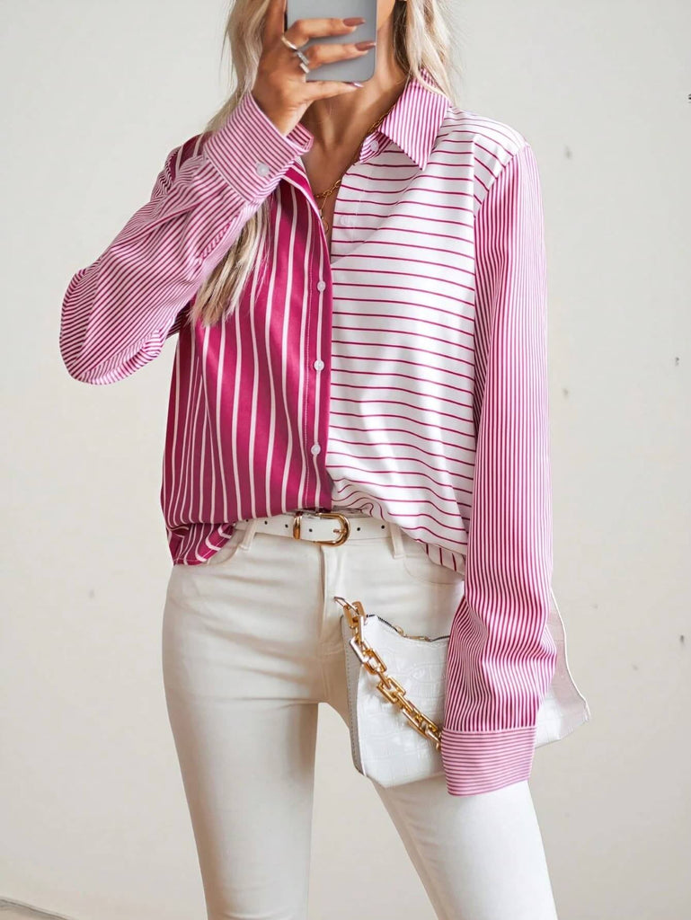 Women's Rose Pink Mixed Stripe Long Sleeve Shirt 