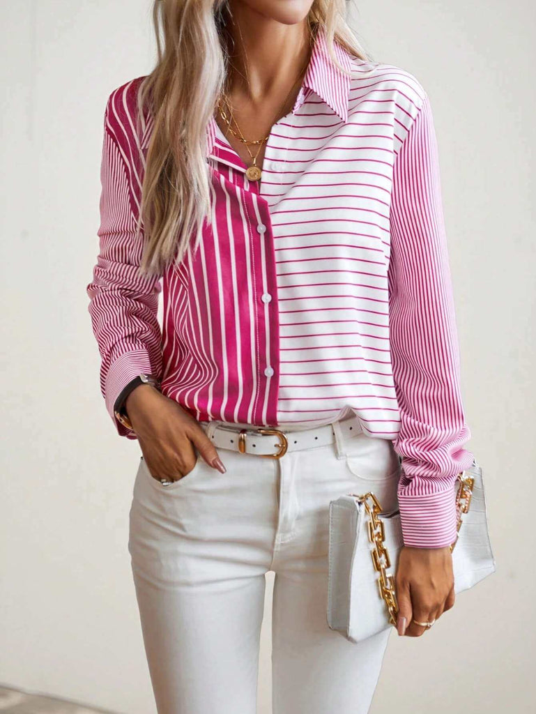 Women's Rose Pink Mixed Stripe Long Sleeve Shirt 