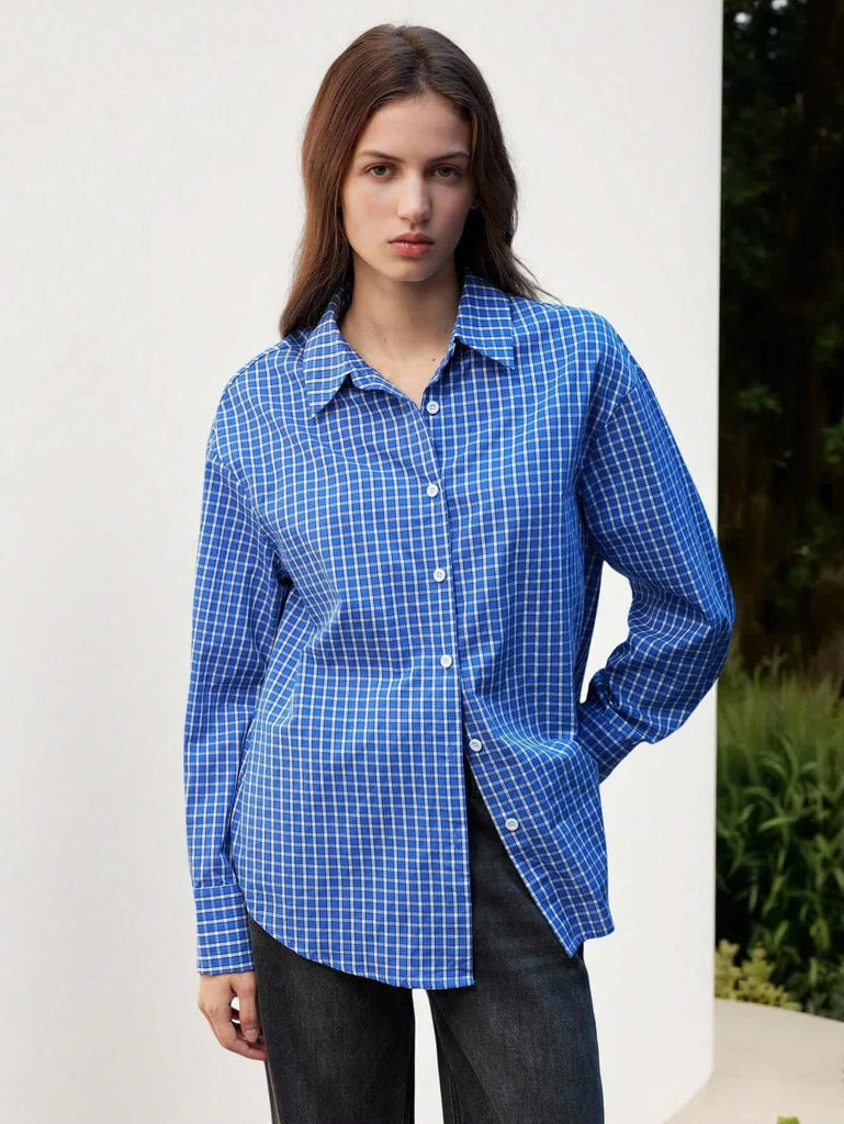 Women's Royal Blue Checked Long Sleeve Shirt 