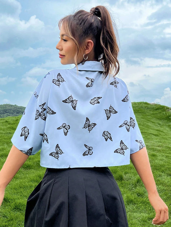 Women's Sky Blue Butterfly Print Crop Shirt 