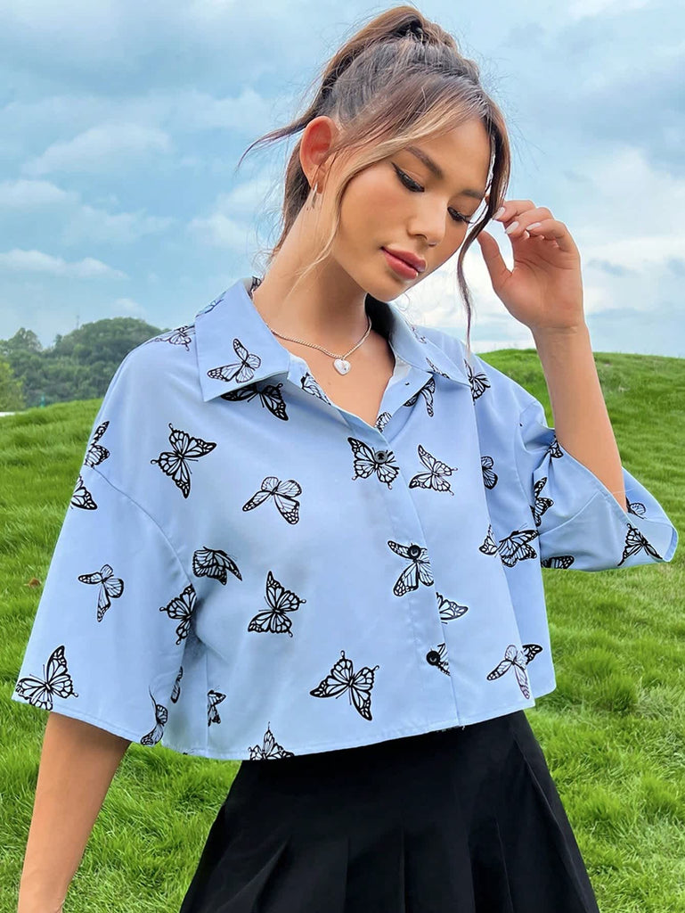 Women's Sky Blue Butterfly Print Crop Shirt 