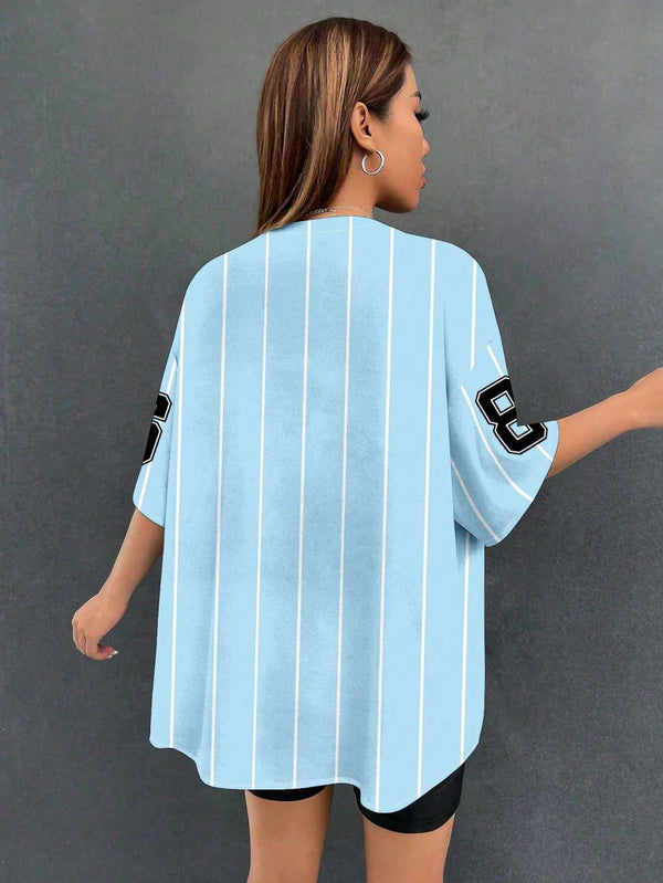Women's Sky Blue Pinstripe Baseball Style Shirt 