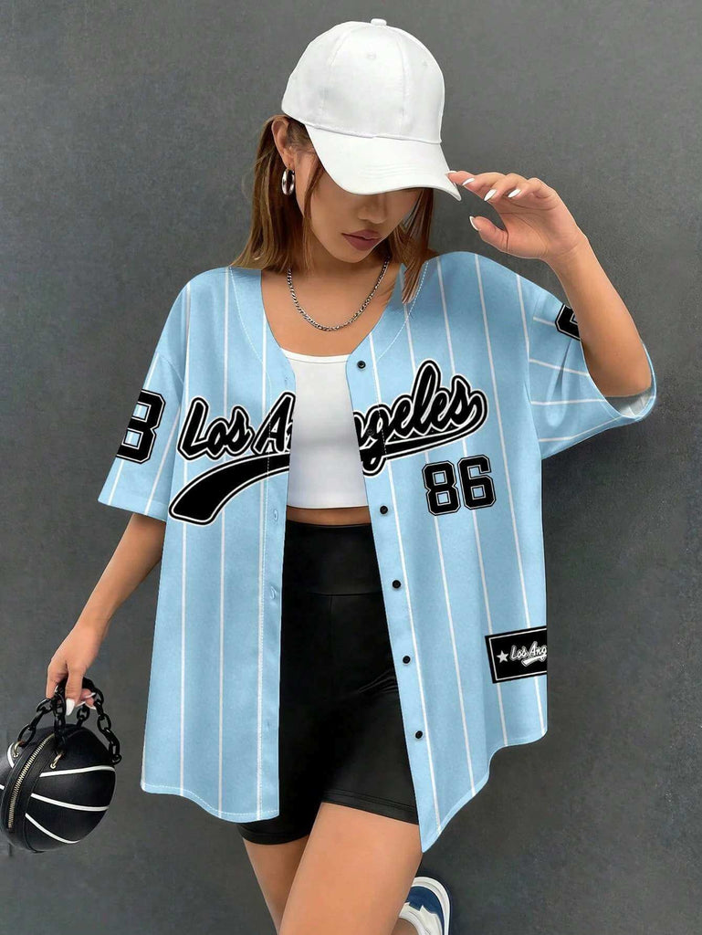 Women's Sky Blue Pinstripe Baseball Style Shirt 