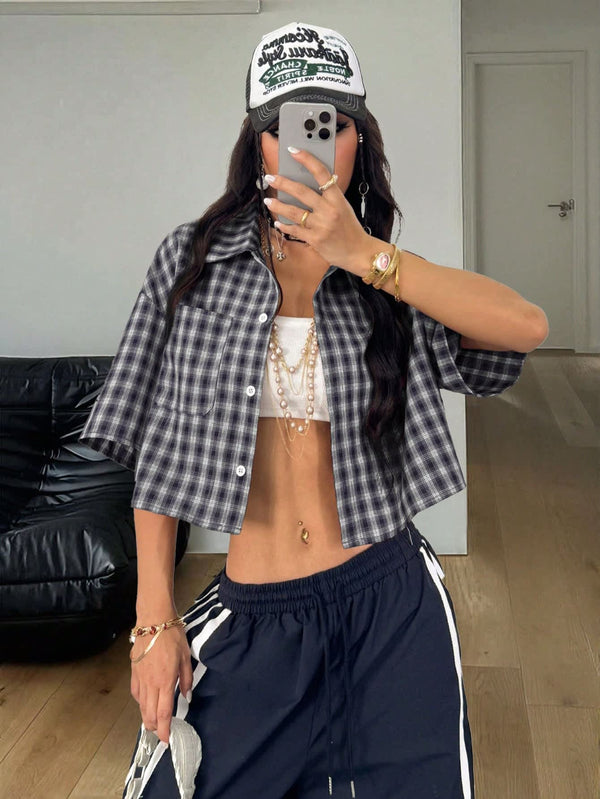 Women's Vintage Charcoal Plaid Crop Shirt 