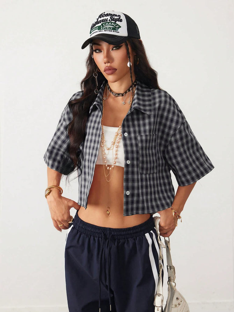 Women's Vintage Charcoal Plaid Crop Shirt 