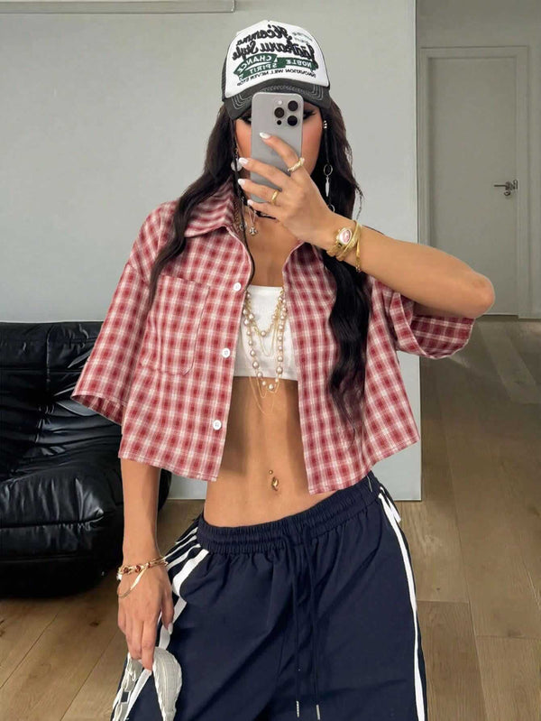 Women's Vintage Preppy Coral Pink Plaid Crop Shirt