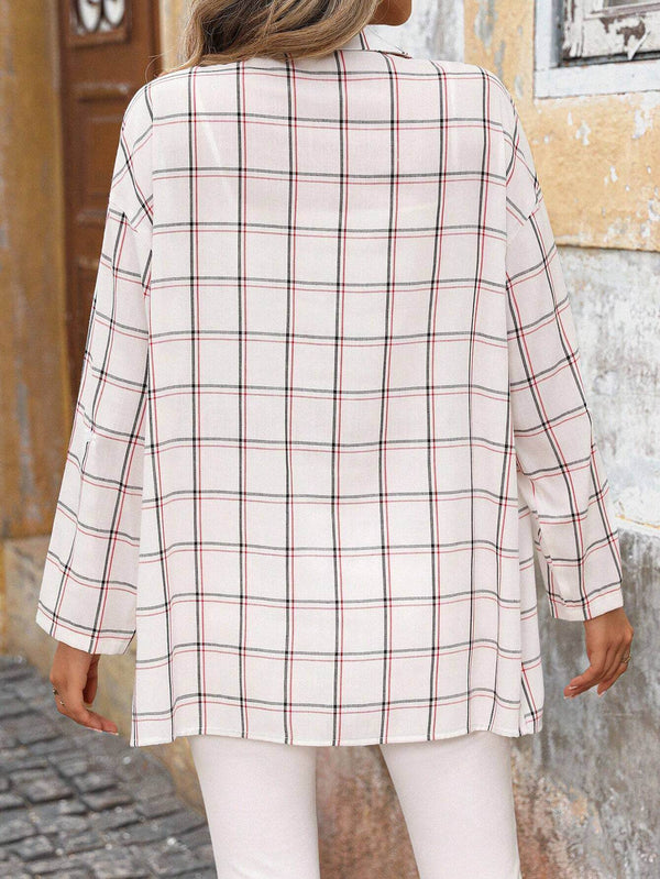 Women's White Classic Windowpane Checked Long Sleeve Shirt