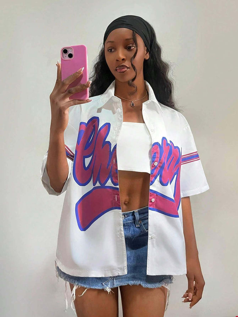 Women's White Graphic Letter Print Shirt 