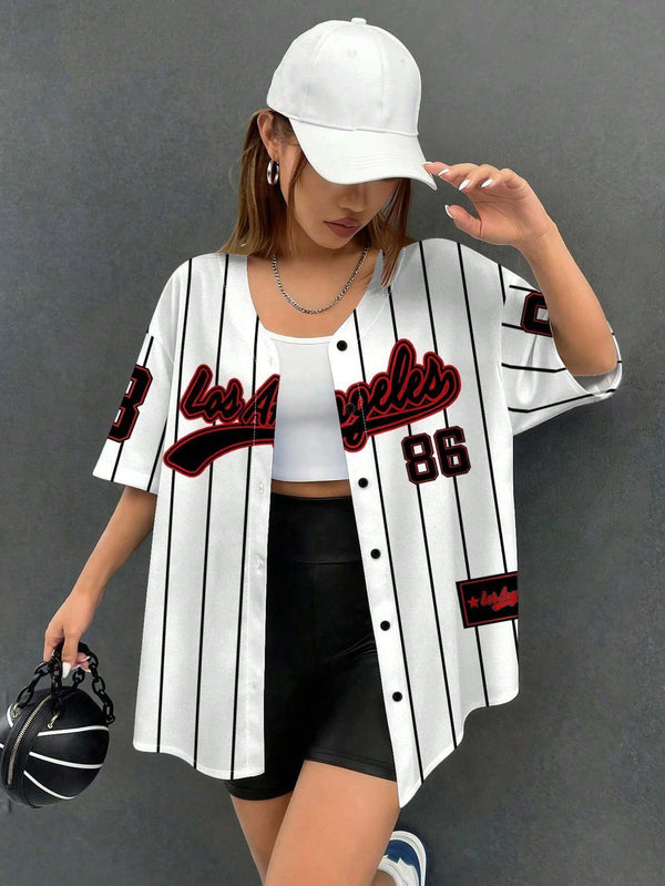 Women's White & Black Pinstripe Baseball Style Shirt 