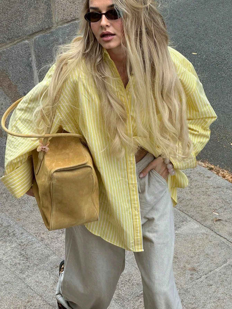 Women's Yellow & White Striped Vintage Long Sleeve Shirt 