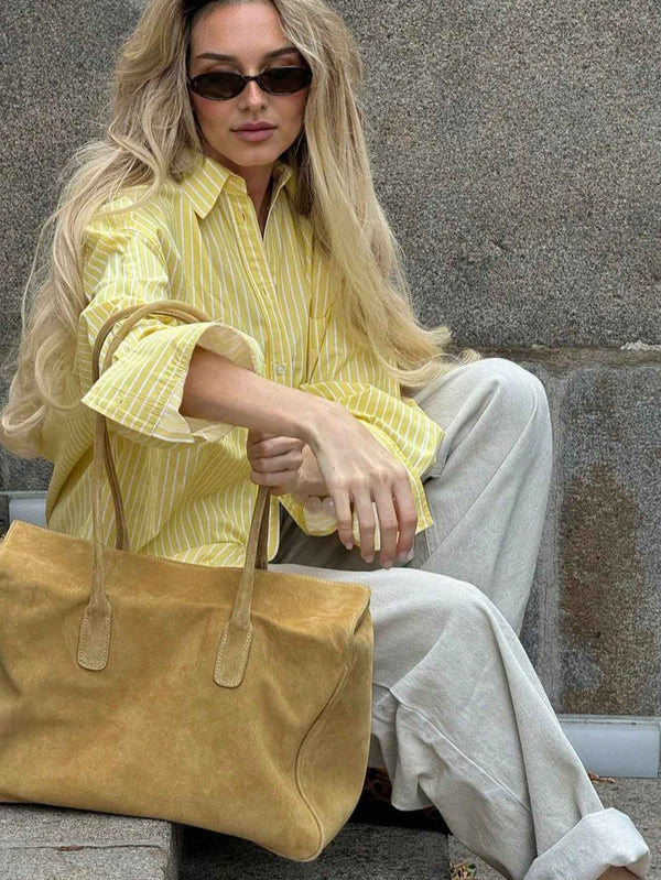 Women's Yellow & White Striped Vintage Long Sleeve Shirt 