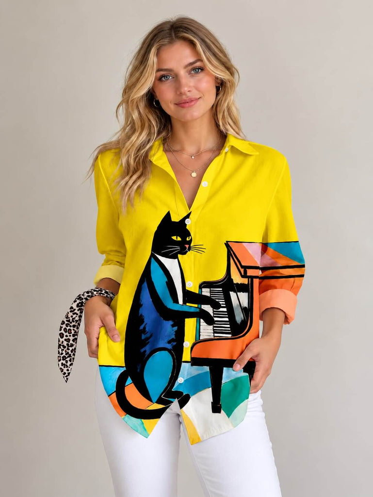 Women's Artistic Cat Print Shirt