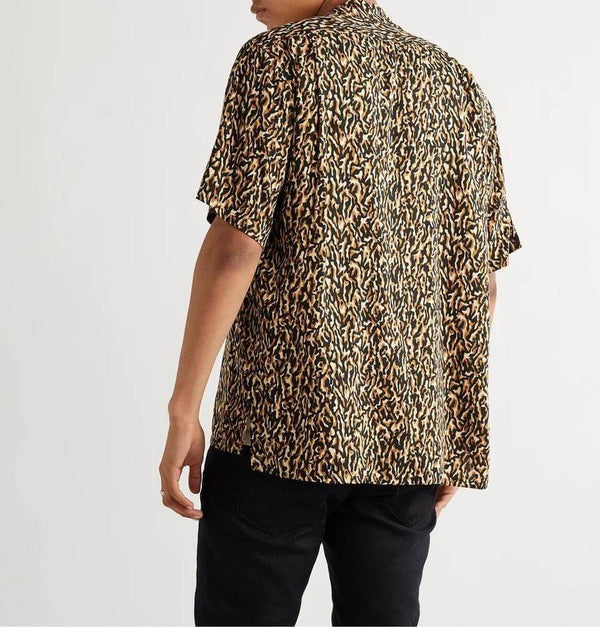 Beige Camp Collar Leopard Print Short Sleeve Shirt