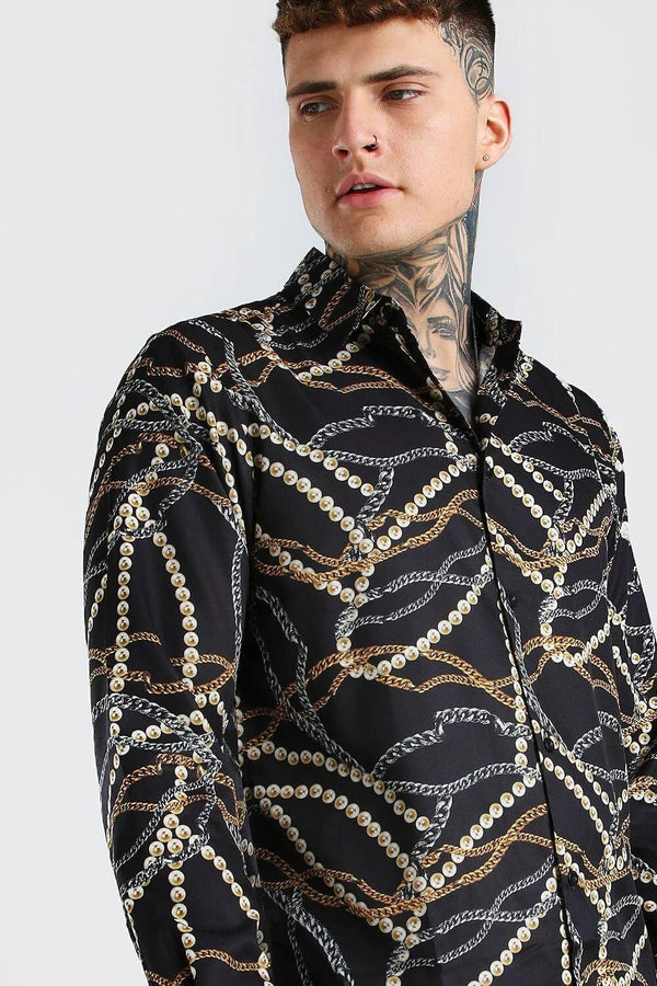 Black Long Sleeve Chain Print Shirt