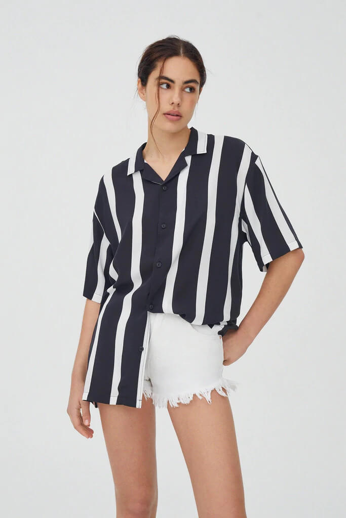 Women Black & White Stripe Short Sleeve Shirt