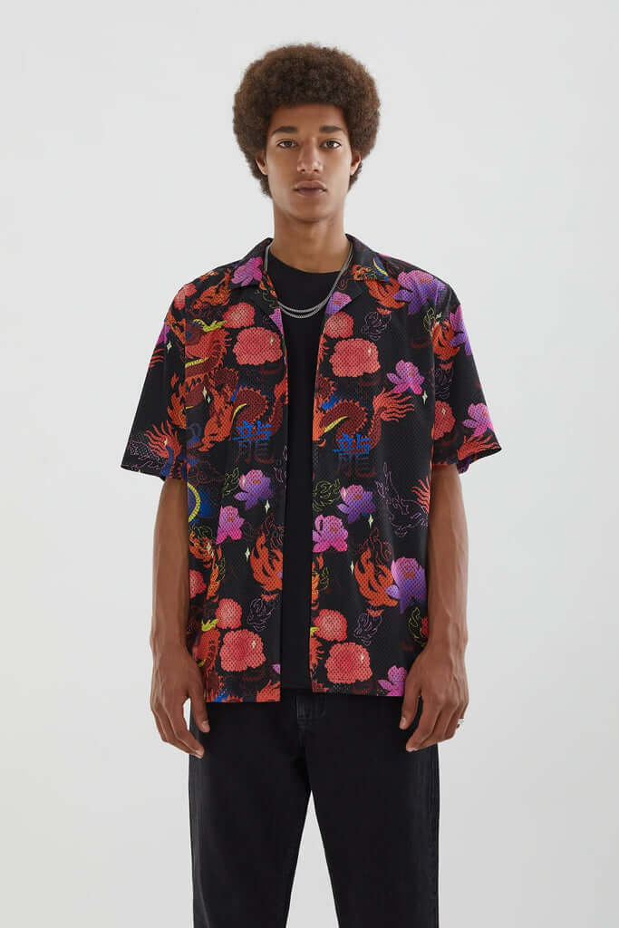 Dragon Flower Printed Short Sleeve Shirt