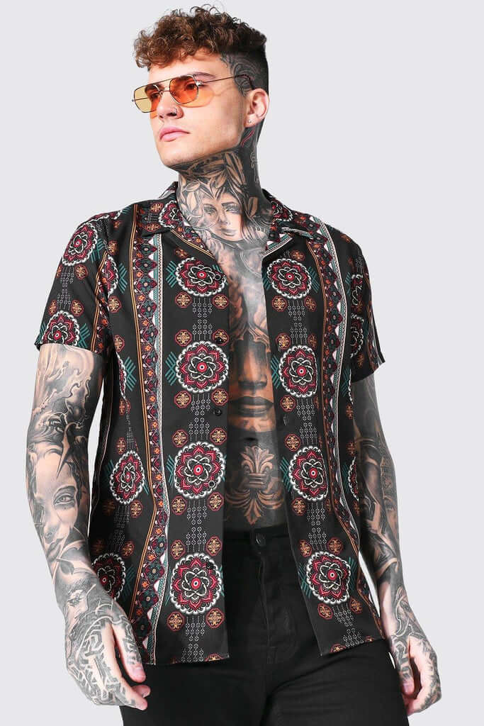 Men Aztec Printed Revere Short Sleeve Shirt