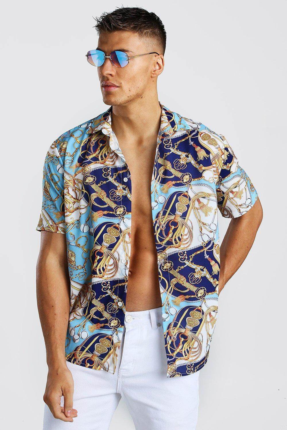 Men Baroque Print Short Sleeve Shirt Roar Fox Men Baroque Print Short Sleeve Shirt Roar Fox