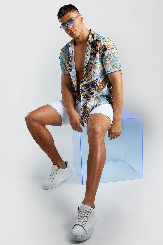 Men Baroque Print Short Sleeve Shirt  Roar Fox