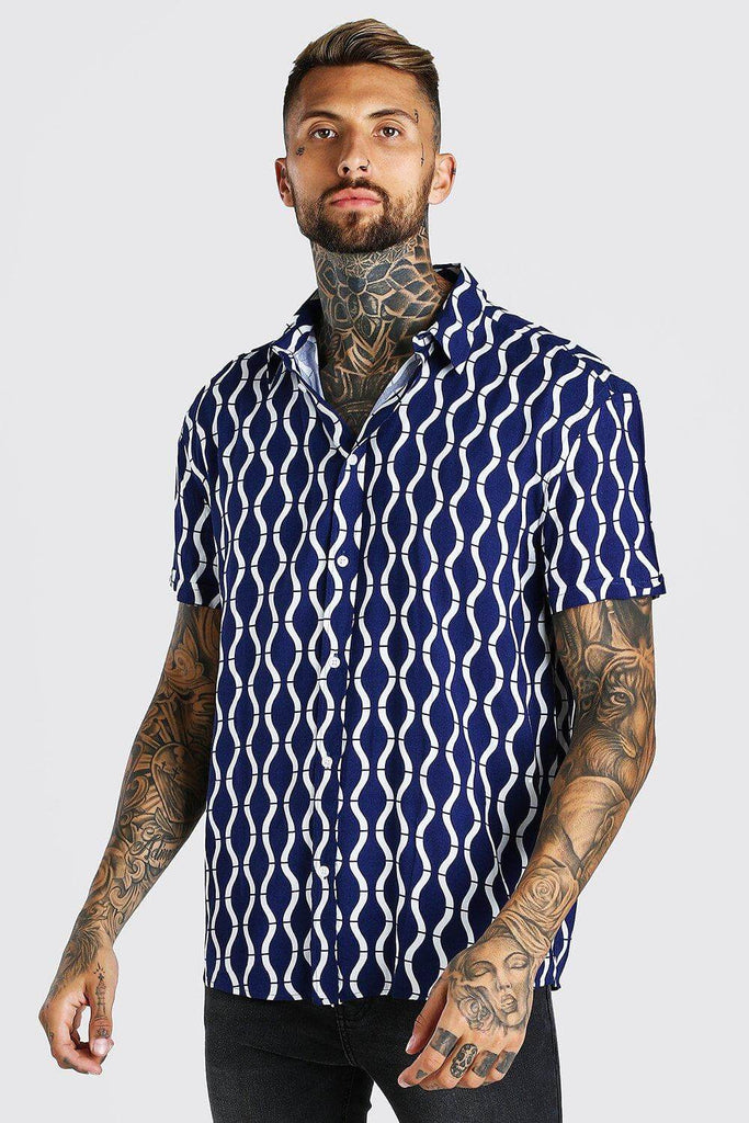 Men Blue Short Sleeve Print Shirt