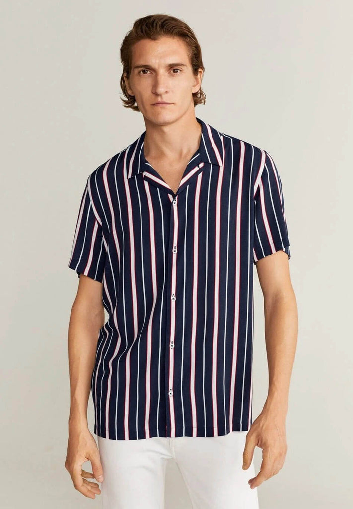 Men Blue Striped Print Short Sleeve Shirt