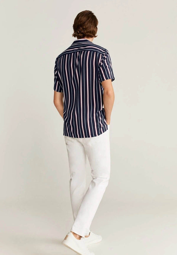 Men Blue Striped Print Short Sleeve Shirt